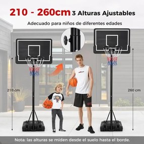 Cesto de basquetebol portátil ajustável de 2,1-2,6 m para crianças com base reenchível, tabuleiro de PC inquebrável, rodas de transporte, preto
