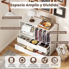 Suporte para gira-discos e para discos de vinil 91 x 36 x 87 cm com compartimento aberto 4 prateleiras e 2 gavetas e pés de metal branco