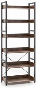 Estante industrial de 6 camadas com 6 prateleiras, 4 ganchos, estrutura de metal para sala de estudo, 69x34x177cm, Castanho Rústico e Preto