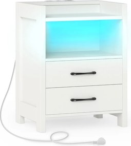 Mesa de cabeceira 45 x 35 x 60 cm com luzes LED e tomadas com 2 gavetas e prateleira aberta Branca