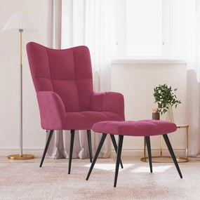 vidaXL Cadeira de descanso com banco veludo vermelho tinto