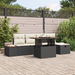 Conjunto de Sofá de Jardim de 6 Peças com Almofadas Preto Rattan Poli