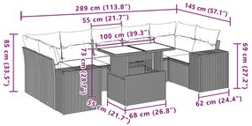 8 pcs conjunto sofás de jardim c/ almofadões vime PE cinzento