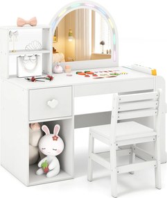 Conjunto de Toucador Infantil e Cadeira, 86 x 39,5 x 92 cm, Espelho com Luzes Coloridas, Branco