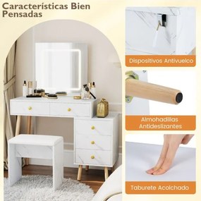 Toucador com espelho e luzes 3 luzes ajustáveis 5 gavetas e banco acolchoada Acabamento em mármore artificial branco