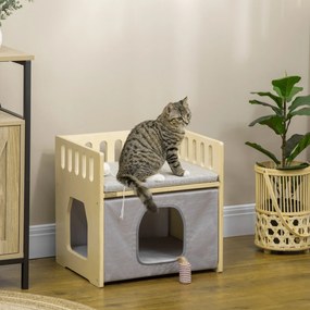 Casa para Gatos de Madeira Cama para Gatos com 2 Almofadas e Cobertura de Tecido Oxford Amovível 48x38x47cm Madeira e Cinza