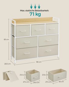 Cómoda 7 gavetas em tecido 28,5 x 98 x 85 cm creme e branco