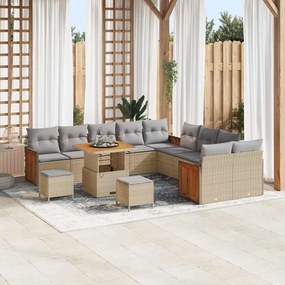 Conjunto de Sofás de Jardim vidaXL 13 Peças com Almofadas Bege Vime Acácia