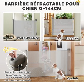 Barreira retrátil para cães, largura 149 cm, bloqueio automático - cinzenta