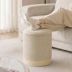 Pufe com espaço de arrumação, banco redondo em chenille, pufe para apoiar os pés com base metálica com efeito de madeira, bege