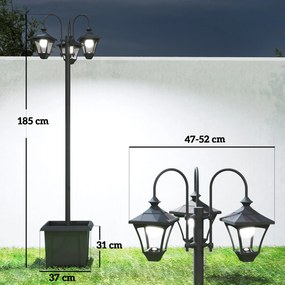 Candeeiro Solar de Jardim com Floreiras 3 Cabeças Impermeável IP44 Ligação/Desligamento Automático e Altura Ajustável 52x52x185 cm Preto