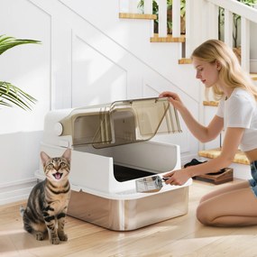Caixa de areia fechada para gatos em aço inoxidável 70 x 50 x 46,5 cm, casa de higiene para gatos com pá, branca
