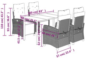 5 pcs conjunto de jantar p/ jardim com almofadões vime PE bege
