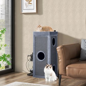 Torre para Gatos de Três Níveis, 40 x 40 x 99 cm, Painéis de Sisal Natural, Cinzento-claro