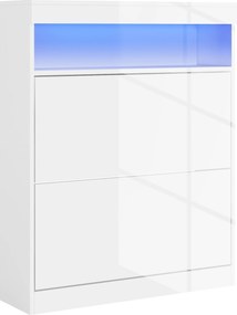 HOMCOM Móvel Sapateira de Entrada com Luzes LED Prateleira Aberta e 2 Gavetas Basculantes para 16 Pares 80x24x100 cm Branco Brilhante | Aosom Portugal