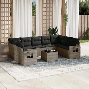 10 pcs conjunto sofás de jardim c/ almofadões vime PE cinzento
