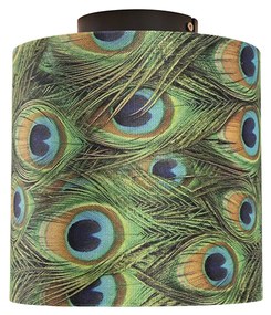 Candeeiro de teto com abajur de veludo azul-petróleo com dourado 20 cm - Combi Preto Clássico / Antigo