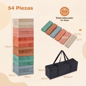 Jogo de Torre de Blocos de Madeira, 15 x 15 x 53 cm, 54 Peças, Multicolor