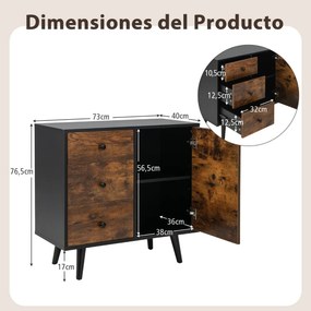 Aparador Viana com 3 Gavetas, Porta e Estante Ajustável – 73x40x76,5 c
