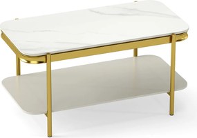 Mesa de centro 90 x 50 x 45,5 cm moderna retangular com 2 níveis, tampo sinterizado e prateleira, estrutura metálica, para sala, Branco + Dourado