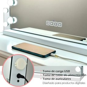 Espelho de maquilhagem com 2 altifalantes 15 luzes LED 3 cores de luz Espelho pequeno com ampliação de 10x Espelho cosmético Bluetooth Branco