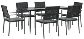 7 pcs conjunto de jantar p/ jardim c/ almofadões vime PE e aço