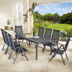 Conjunto de jardim Bern, 9 peças com 8 cadeiras e mesa 180 x 90 x 74 cm em alumínio e tampo WPC antracite e preto