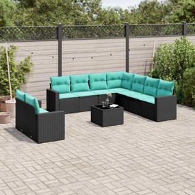 vidaXL 10 pcs conjunto de sofás p/ jardim c/ almofadões vime PE preto