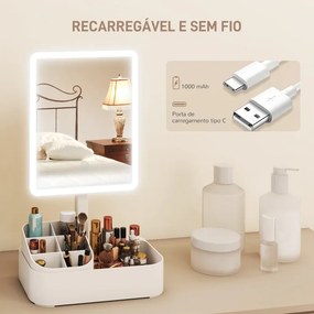 Espelho de Maquilhagem com Luz LED Espelho de Toucador Recarregável com 2 Modos de Iluminação Rotação de 180° 22x13,8x38 cm Branco