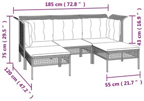 5 pcs conjunto lounge de jardim c/ almofadões vime PE cinzento