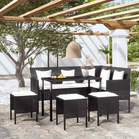 5 pcs conjunto sofás formato L c/ almofadões vime PE preto