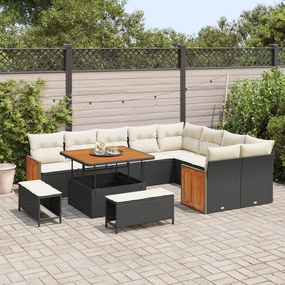 vidaXL Conjunto de Sofá de Jardim de 12 Peças com Almofadas Pretas de Vime Sintético e Acácia