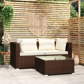 vidaXL 3 pcs conjunto lounge jardim c/ almofadões vime PE castanho