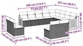12 pcs conjunto de sofás de jardim c/ almofadões vime PE preto