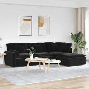 Sofá modular com pufes e almofadas veludo preto