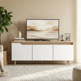 Móvel TV 120 cm para Televisor até 140 cm com 3 Portas Prateleira Ajustável Carvalho e Branco