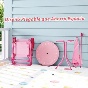 Conjunto de piquenique para crianças 3-6 anos Mesa de atividades ao ar livre com 2 cadeiras dobráveis e guarda-sol ajustável em altura Rosa
