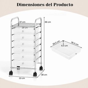 Carrinho de Armazenamento com 6 Gavetas, 33 x 38 x 66 cm, Rodas Giratórias com Travão, Branco