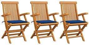 vidaXL Cadeiras de jardim c/ almofadões azul real 3 pcs teca maciça