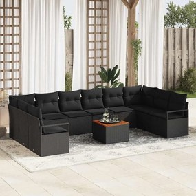 vidaXL Conjunto de Sofás para Jardim de 11 Peças com Almofadas Pretas em Rattan Sintético e Acácia