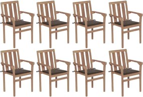 vidaXL Cadeiras de jardim empilháveis c/ almofadões 8 pcs teca maciça