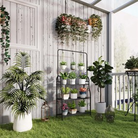 Suporte para Plantas de 3 Níveis Suporte para Vasos de Plantas com Ganchos de Metal Barra para Pendurar 75x25x137 cm Preto