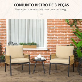 Conjunto de 3 Peças de Jardim em Vime com 2 Cadeiras e 1 Mesa de Centro com Tampo de Vidro Temperado e Almofadas Bege