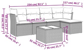 6 pcs conj. sofás jardim com almofadões vime PE cinzento-claro