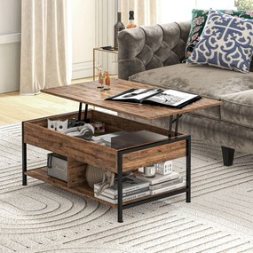 Mesa de centro  100 x 80 x 60 cm elevável com compartimento oculto, 2 prateleiras inferiores,, castanho rústico e preto
