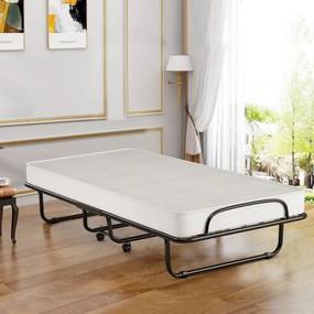 Cama dobrável com colchão de espuma viscoelástica Estrutura metálica 4 rodas Cama individual portátil