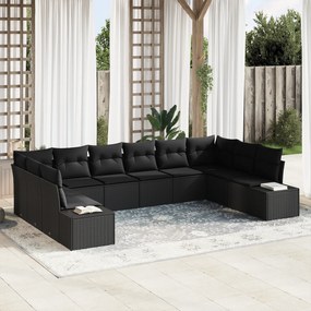 Conjunto de Sofá de 10 Peças com Almofadas Preto Vime Poliéster