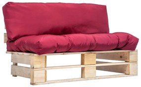 Sofá de paletes para jardim com almofadões vermelhos pinho