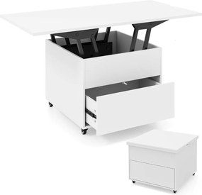 Mesa de Centro Elevável e Dobrável, 60 x 60 x 50 cm, Arrumação Oculta, Branco