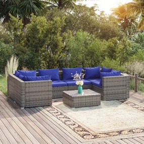 7 pcs conjunto lounge de jardim c/ almofadões vime PE cinzento